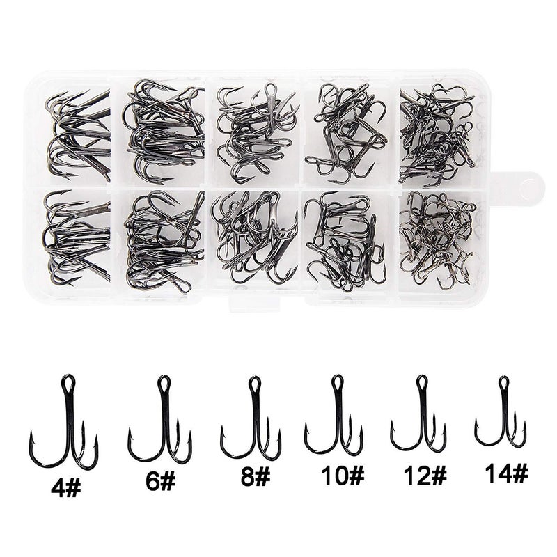Shaddock Fishing طقم خطاطيف صيد ثلاثية من الفولاذ الكربوني العالي - مجموعة حلقات خطاطيف صيد ثلاثية قوية وحادة للسمك السلمون وسمك الباس وسمك القط - طعوم ومواد طعم للمياه العذبة والمالحة، 110 قطعة، الحجم 4 6 8 10 12 14 - Image 1